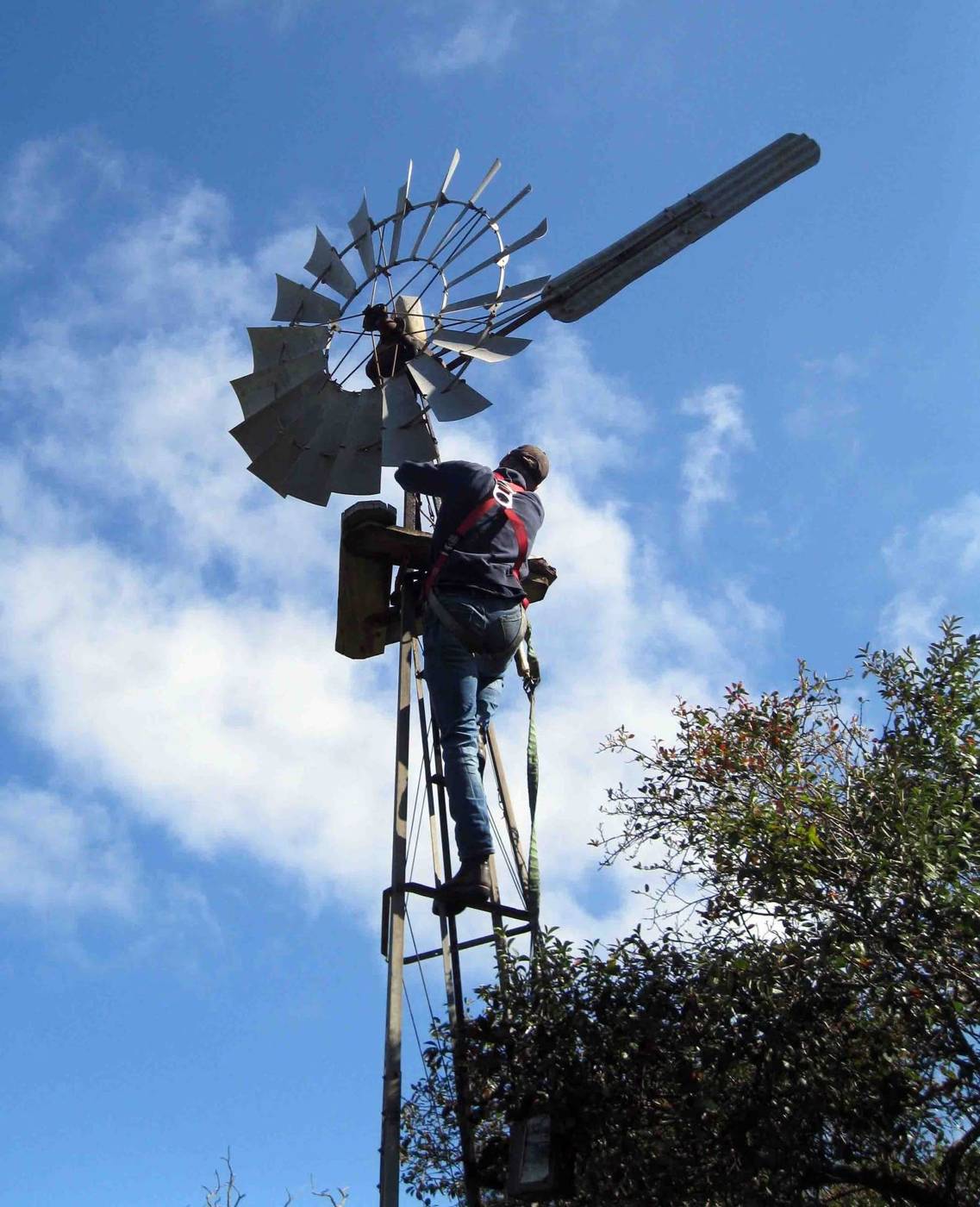 Technician servicing the head of a windmill